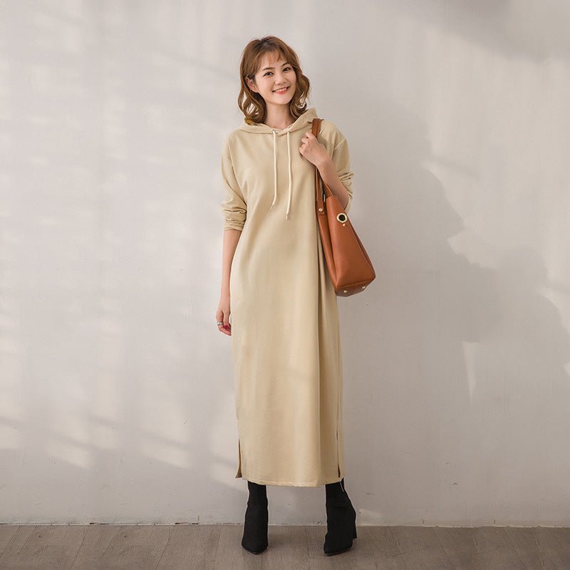 Casual Hooded Maxi Dress with Drawstring | Long Sleeve Split Hem Dress with Pockets(MS118) - Mariam's Collection
