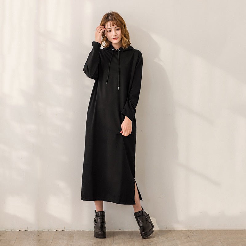 Casual Hooded Maxi Dress with Drawstring | Long Sleeve Split Hem Dress with Pockets(MS118) - Mariam's Collection