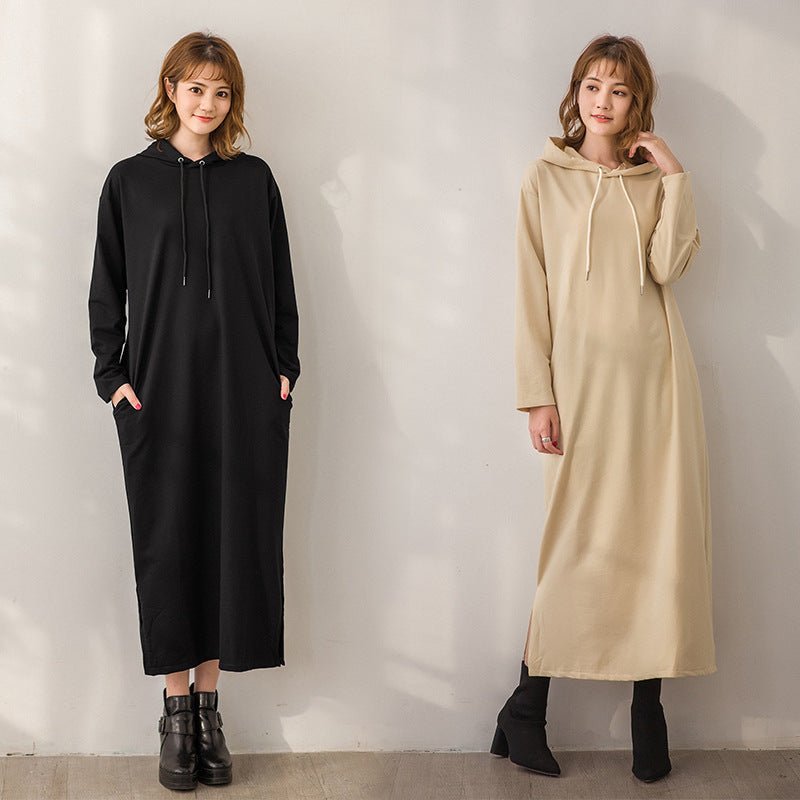 Casual Hooded Maxi Dress with Drawstring | Long Sleeve Split Hem Dress with Pockets(MS118) - Mariam's Collection