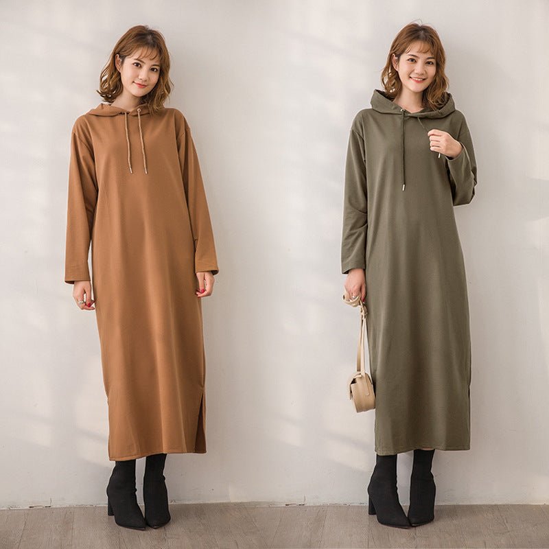 Casual Hooded Maxi Dress with Drawstring | Long Sleeve Split Hem Dress with Pockets(MS118) - Mariam's Collection