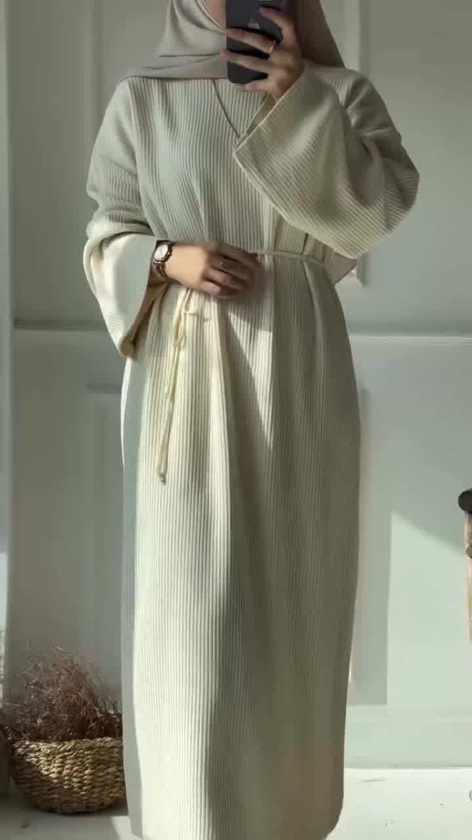 Casual Knitted Modest Dress with Flared Sleeves - Muslim - Friendly Crew Neck Pullover Maxi Dress with Belt(MS104) - Mariam's Collection