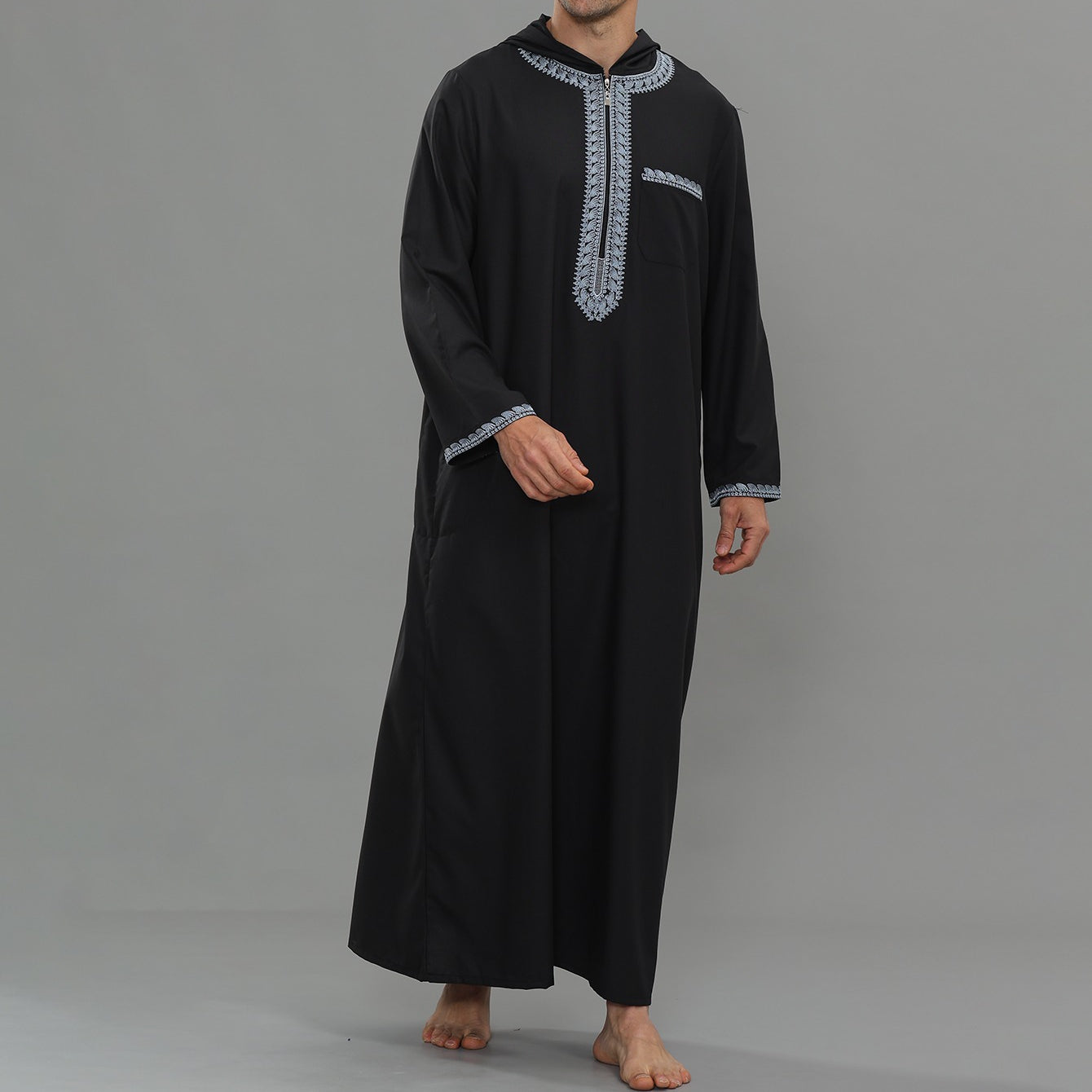 Men's Hooded Embroidered Thobe with Pockets(MT037)