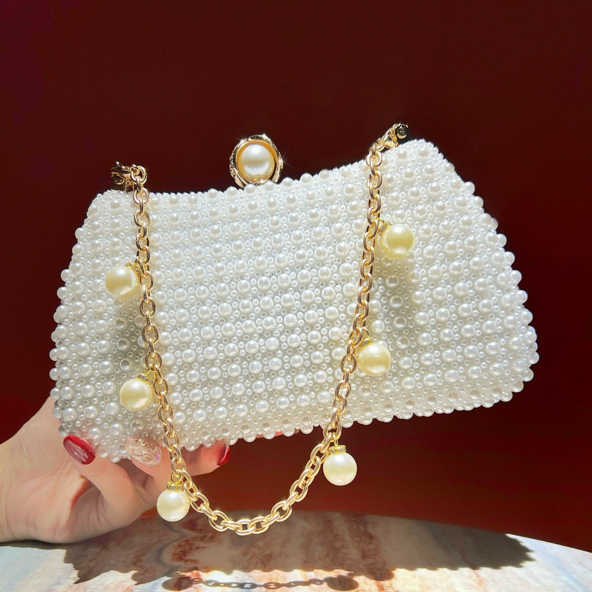 Chic Faux Pearl Evening Clutch – Pearl Chain Strap Bag