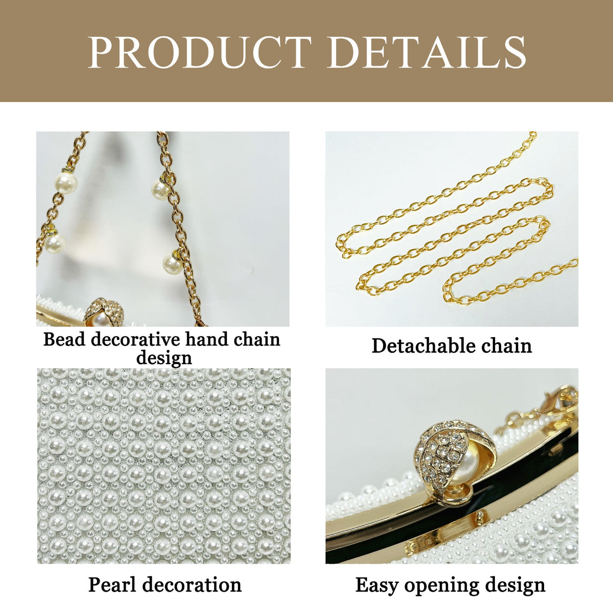 Size reference of pearl clutch bag showing dimensions 21.5 cm by 13.5 cm