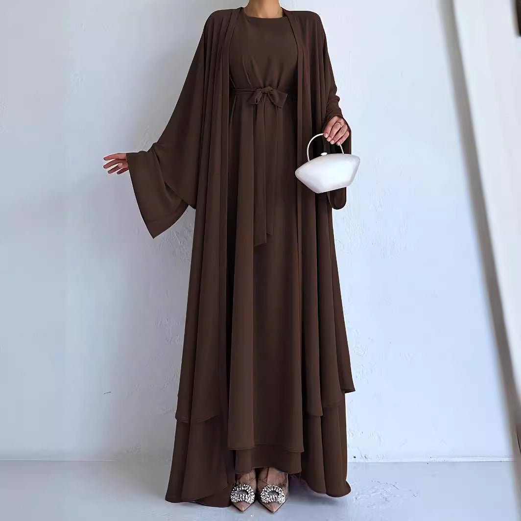 Chiffon Abaya with Bell Sleeves & Belt(MOA291) - Mariam's Collection