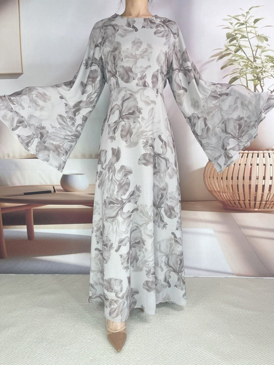 Chiffon Blossom Printed Flared Sleeve Abaya (MA149) - Mariam's Collection