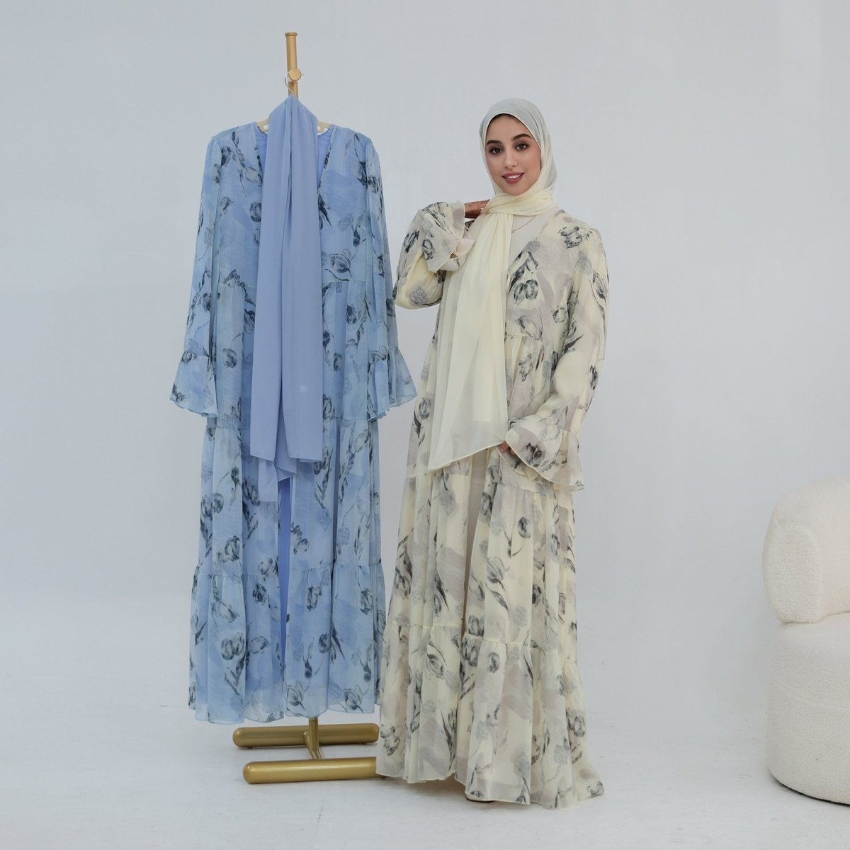 Chiffon Crinkle Flared Sleeve Tiered Open Abaya Set(MOA341) - Mariam's Collection