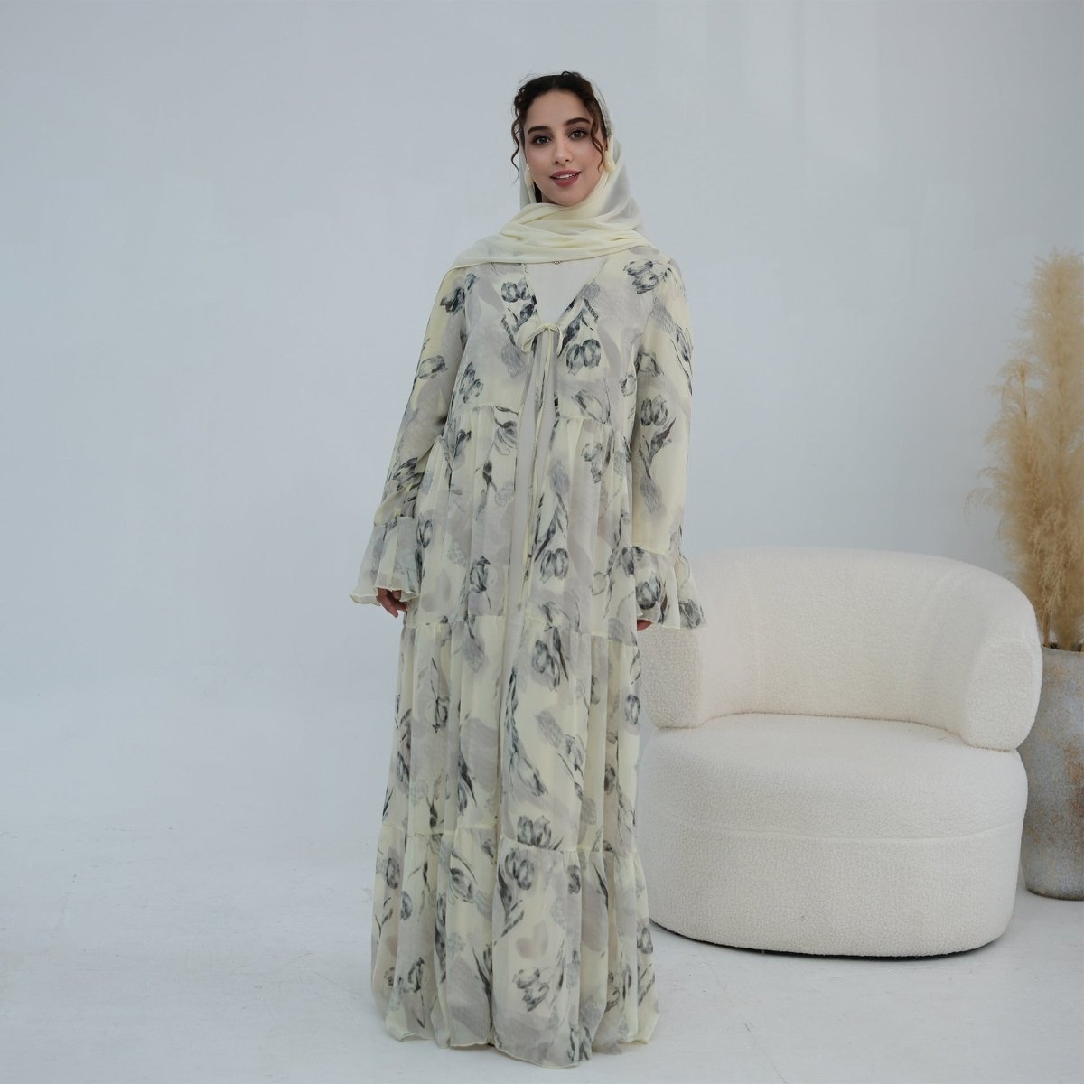 Chiffon Crinkle Flared Sleeve Tiered Open Abaya Set(MOA341) - Mariam's Collection