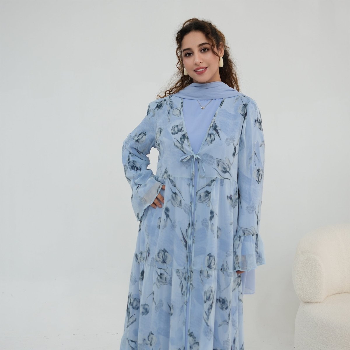 Chiffon Crinkle Flared Sleeve Tiered Open Abaya Set(MOA341) - Mariam's Collection