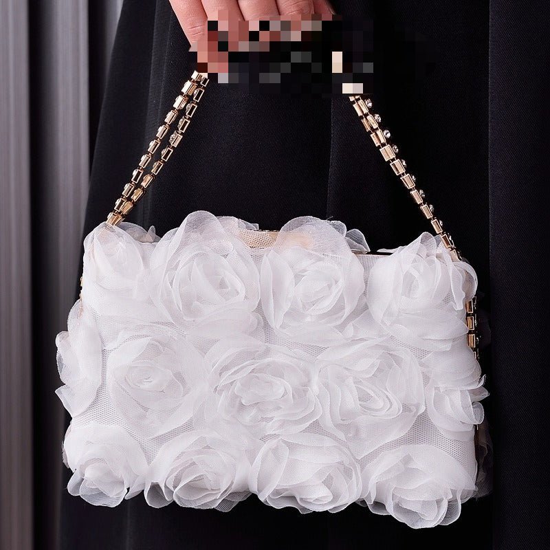 Chiffon Rose Evening Bag | Floral Clutch with Crystal Chain Strap (MAC355) - Mariam's Collection