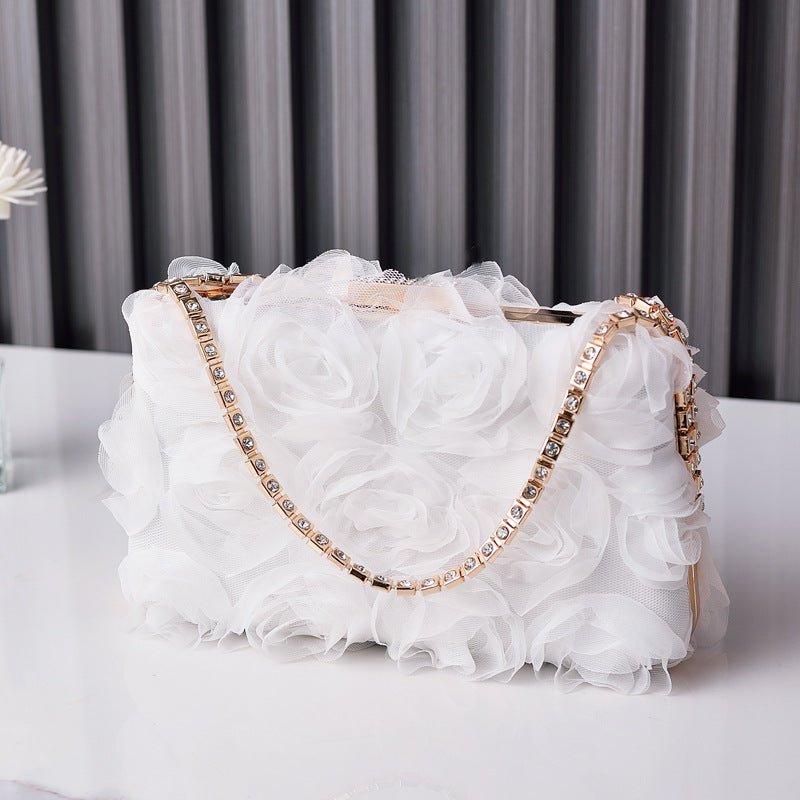 Chiffon Rose Evening Bag | Floral Clutch with Crystal Chain Strap (MAC355) - Mariam's Collection