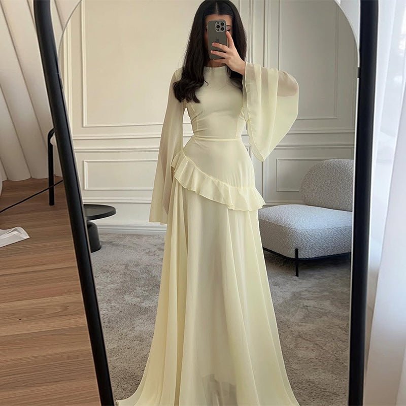 Chiffon Ruffle Gown with Tie - Back | Bell Sleeve Tiered Maxi Dress(MS227) - Mariam's Collection