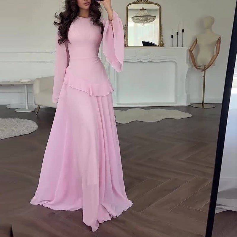 Chiffon Ruffle Gown with Tie - Back | Bell Sleeve Tiered Maxi Dress(MS227) - Mariam's Collection