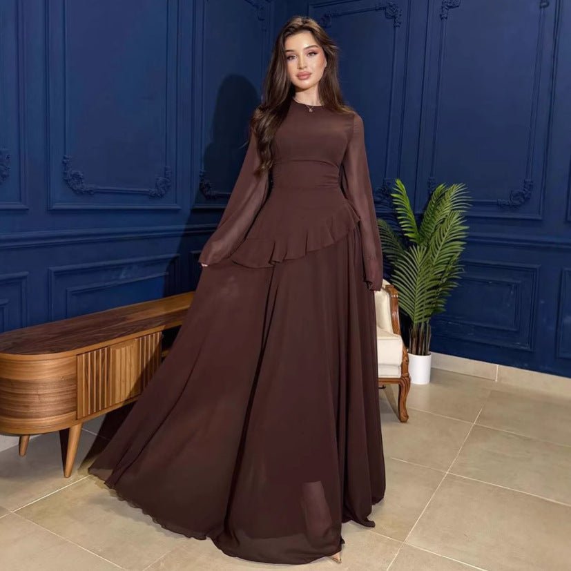 Chiffon Ruffle Gown with Tie - Back | Bell Sleeve Tiered Maxi Dress(MS227) - Mariam's Collection