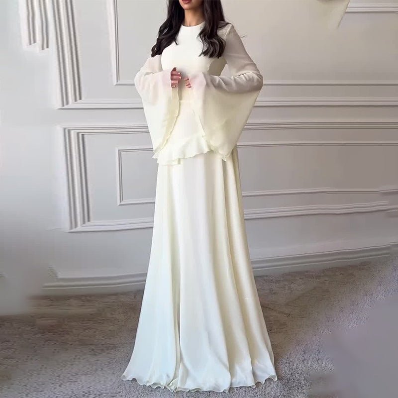 Chiffon Ruffle Gown with Tie - Back | Bell Sleeve Tiered Maxi Dress(MS227) - Mariam's Collection