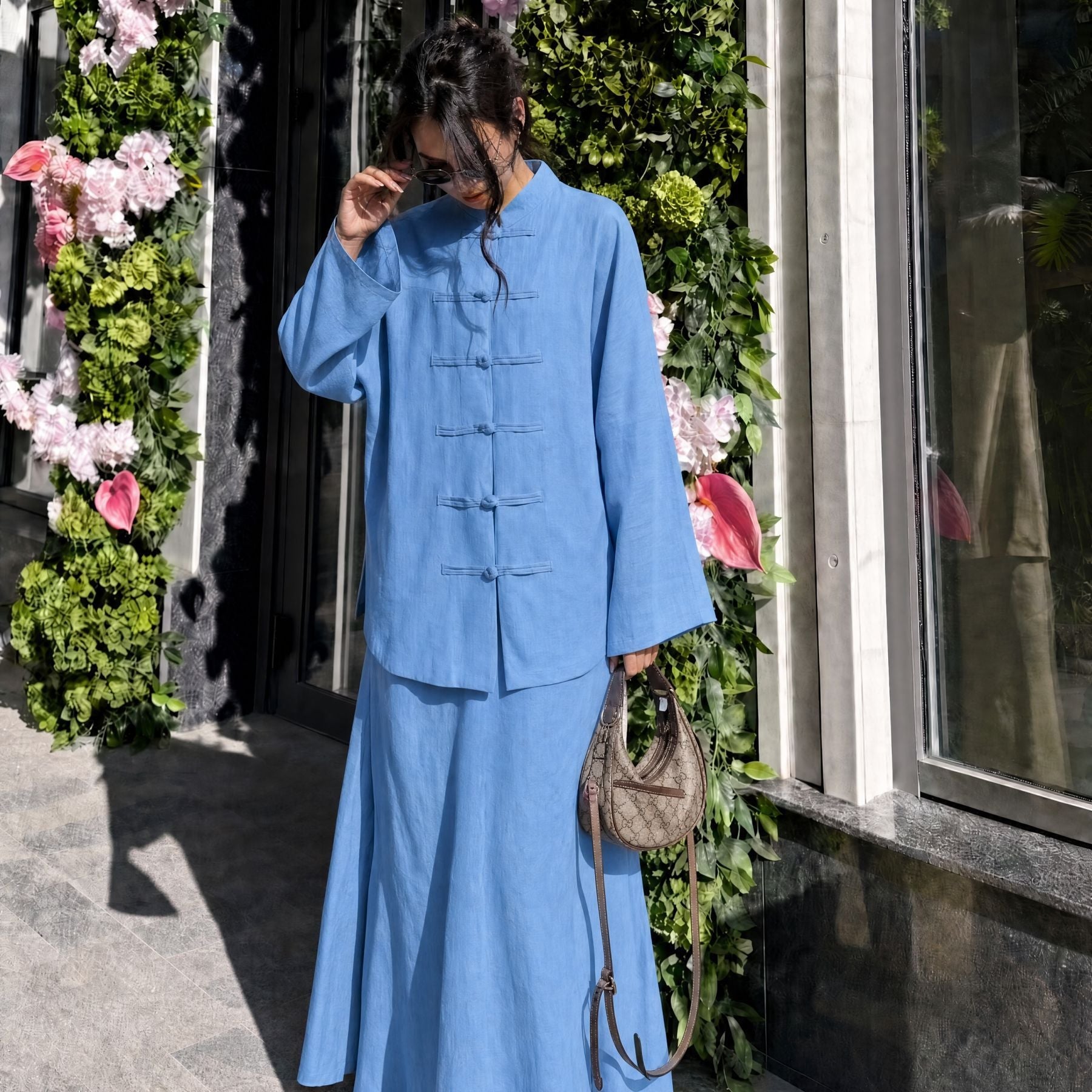 Chinese Frog Button Tunic & Lined Maxi Skirt Two-Piece Set(MS514) - Mariam's Collection