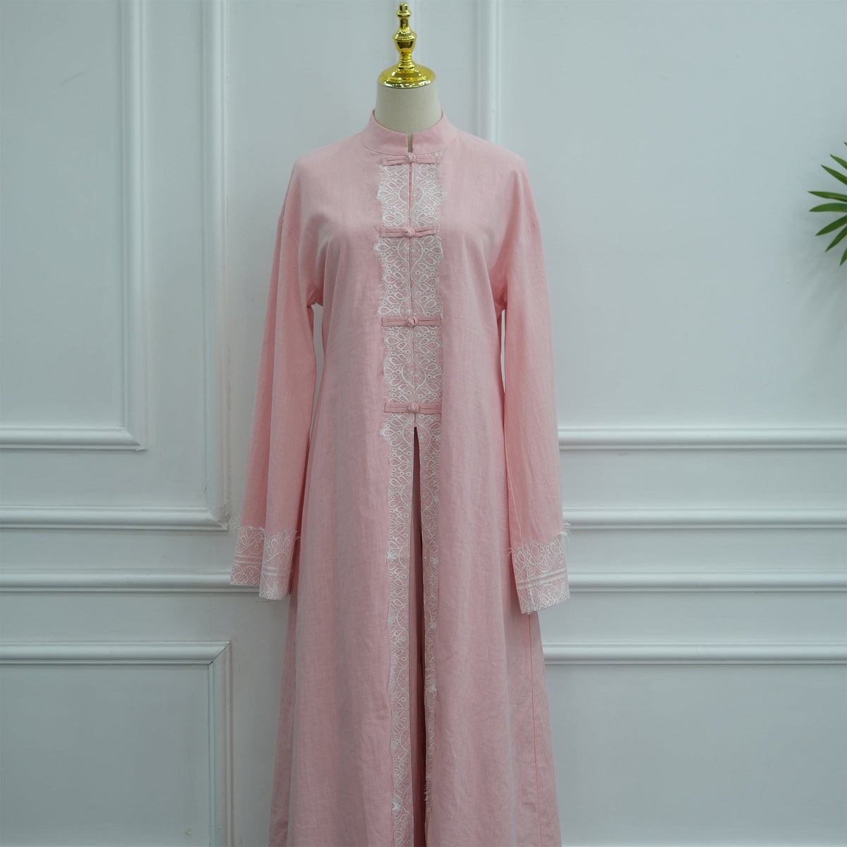 Chinese-Inspired Frog Button Lace Tunic & Wide-Leg Pants Set(MS572) - Mariam's Collection