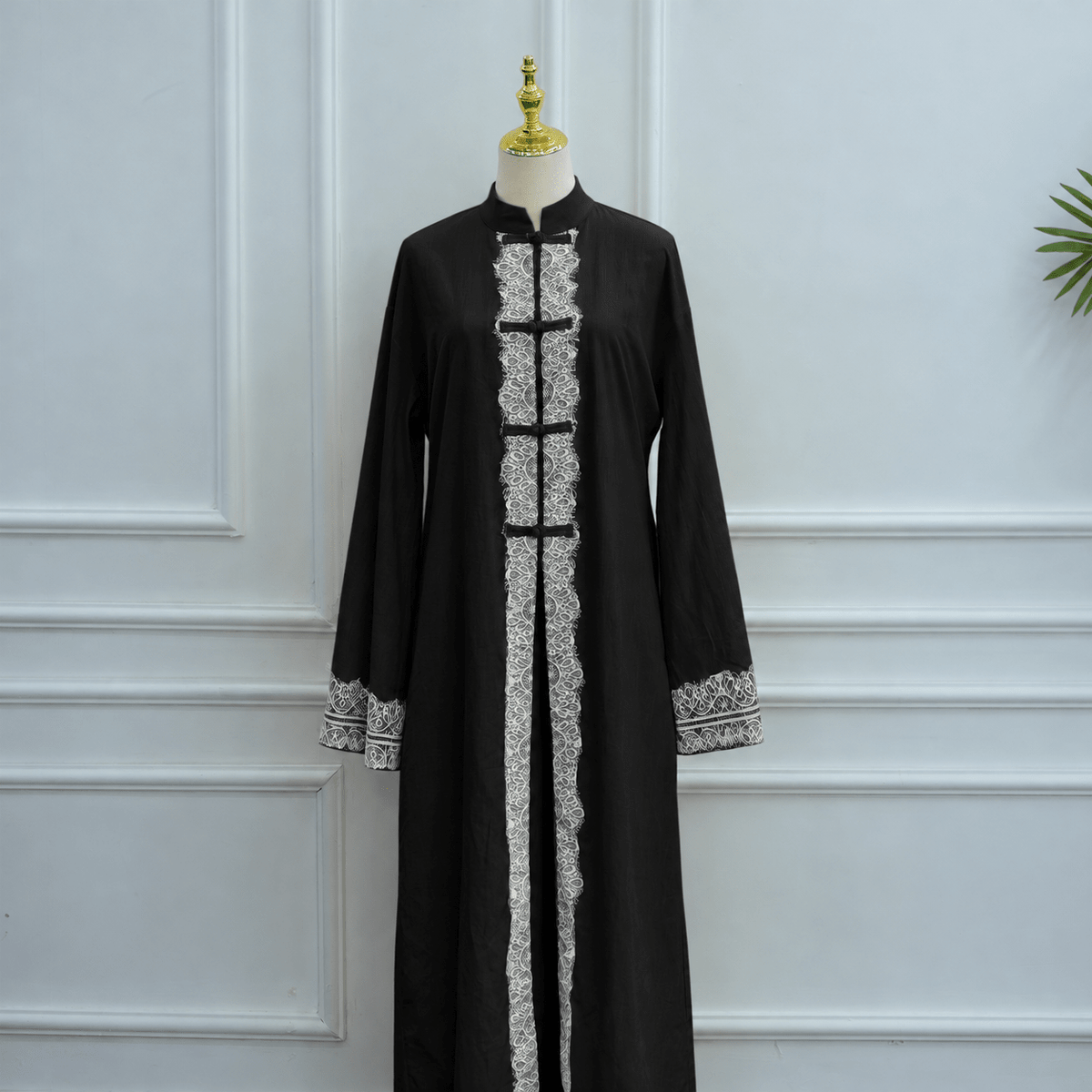 Chinese-Inspired Frog Button Lace Tunic & Wide-Leg Pants Set(MS572) - Mariam's Collection