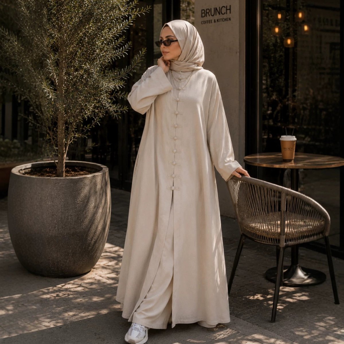 Chinese-Inspired Mandarin Collar Frog Button Long Robe & Wide-Leg Trousers Co-ord Set(MS496) - Mariam's Collection