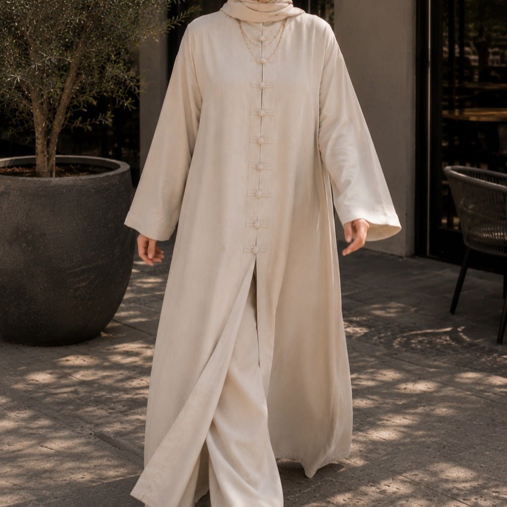 Chinese-Inspired Mandarin Collar Frog Button Long Robe & Wide-Leg Trousers Co-ord Set(MS496) - Mariam's Collection
