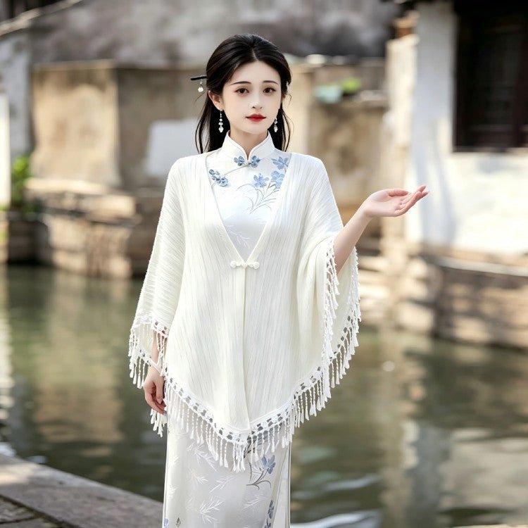 Chinese-Inspired Tassel Cape Jacket | Elegant Textured Poncho Outerwear(MAC501) - Mariam's Collection