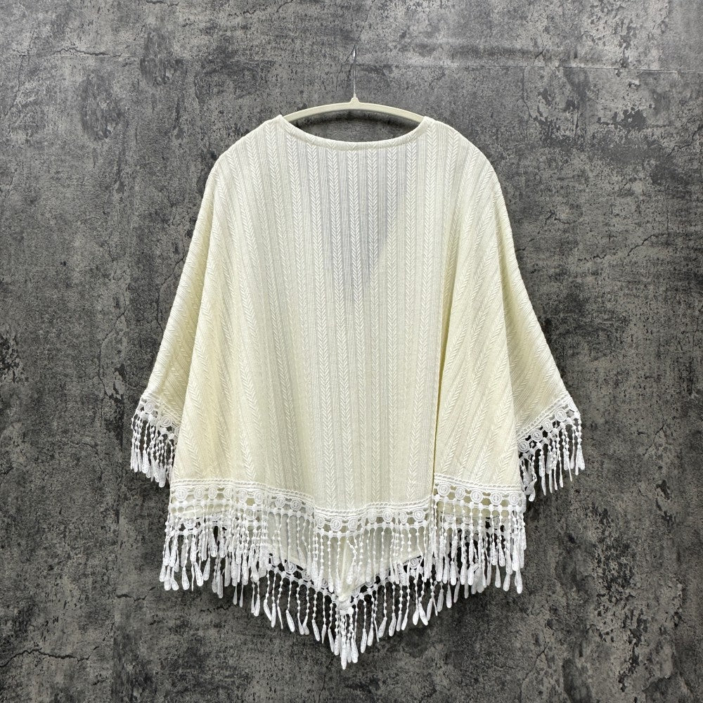 Chinese-Inspired Tassel Cape Jacket | Elegant Textured Poncho Outerwear(MAC501) - Mariam's Collection