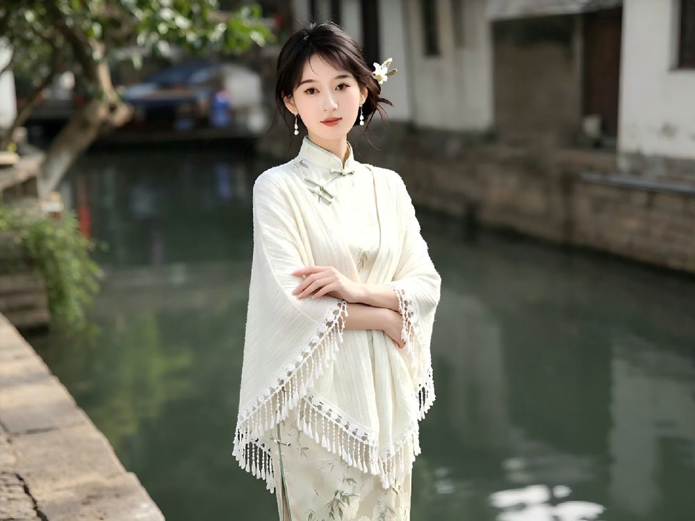 Chinese-Inspired Tassel Cape Jacket | Elegant Textured Poncho Outerwear(MAC501) - Mariam's Collection