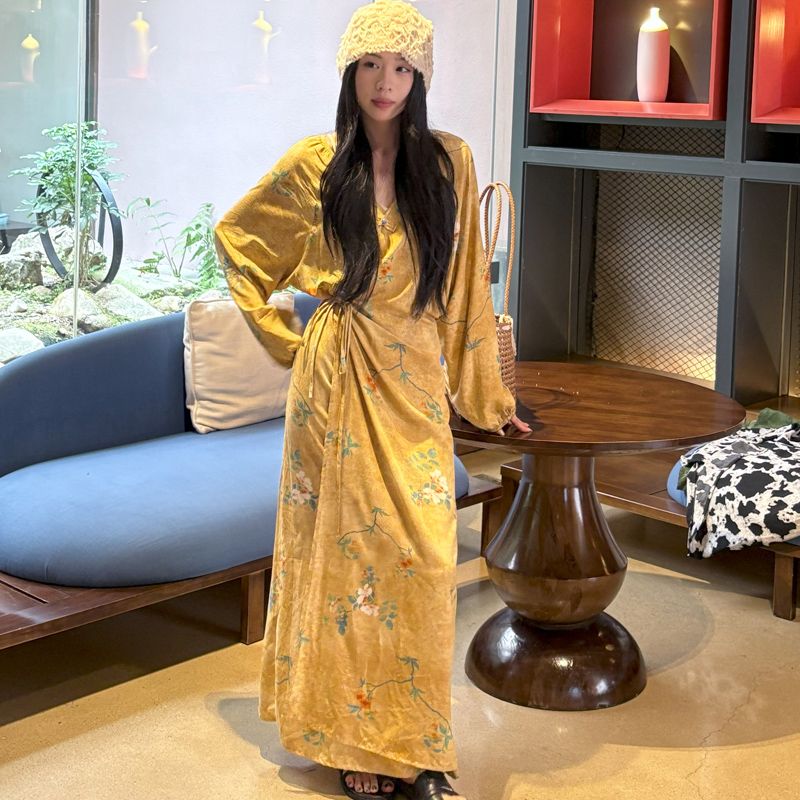 Chinese Style Jacquard & Print Maxi Wrap Dress(MS424) - Mariam's Collection