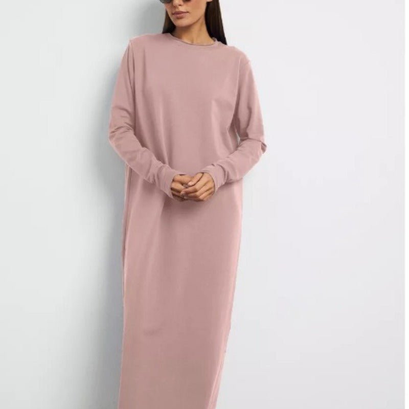 Classic Cotton Pullover Maxi Dress | Round Neck Long Sleeve Solid Color Dress(MA317) - Mariam's Collection