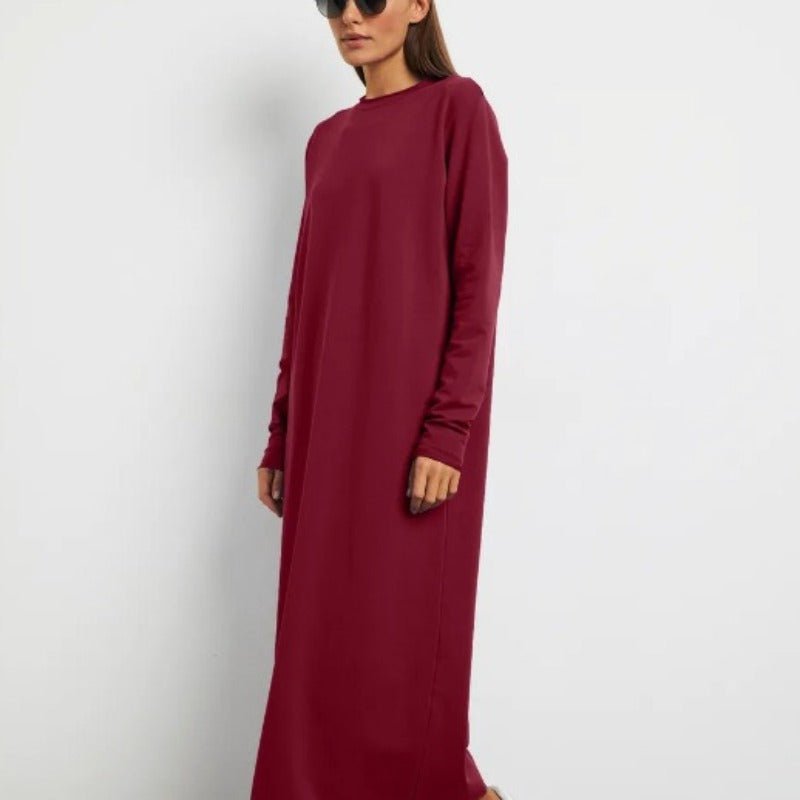 Classic Cotton Pullover Maxi Dress | Round Neck Long Sleeve Solid Color Dress(MA317) - Mariam's Collection
