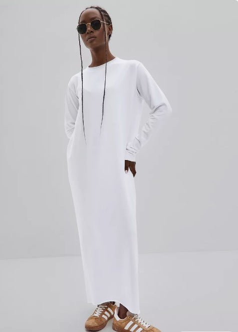 Classic Cotton Pullover Maxi Dress | Round Neck Long Sleeve Solid Color Dress(MA317) - Mariam's Collection