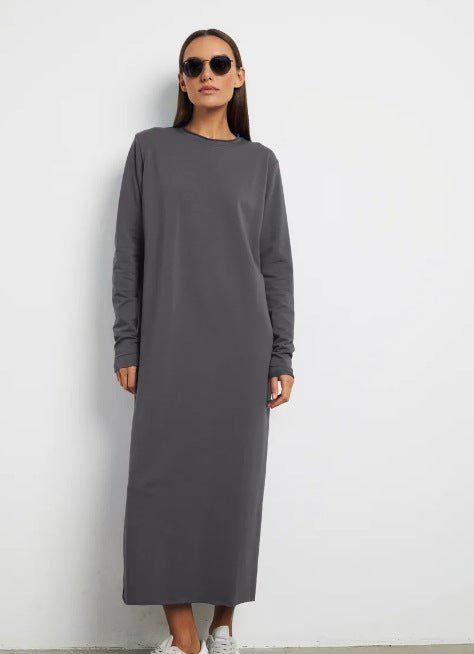 Classic Cotton Pullover Maxi Dress | Round Neck Long Sleeve Solid Color Dress(MA317) - Mariam's Collection
