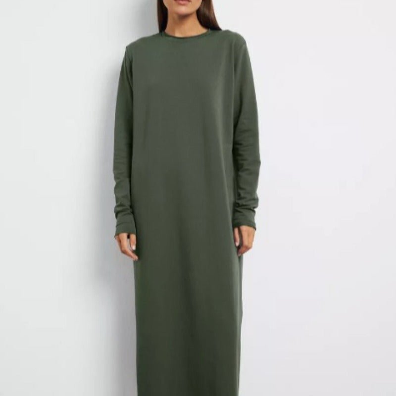Classic Cotton Pullover Maxi Dress | Round Neck Long Sleeve Solid Color Dress(MA317) - Mariam's Collection