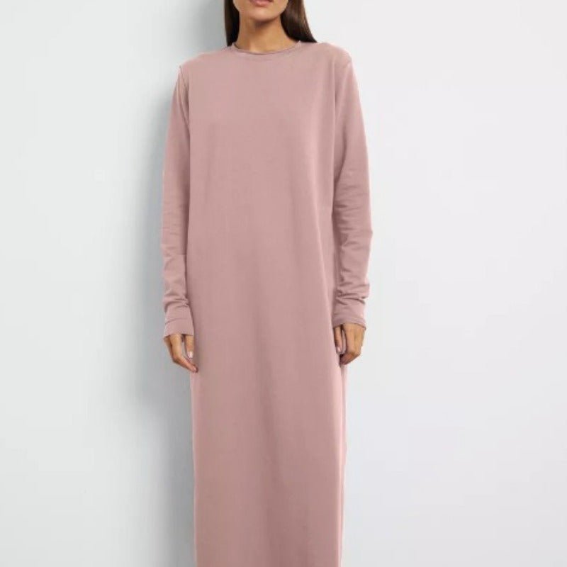 Classic Cotton Pullover Maxi Dress | Round Neck Long Sleeve Solid Color Dress(MA317) - Mariam's Collection