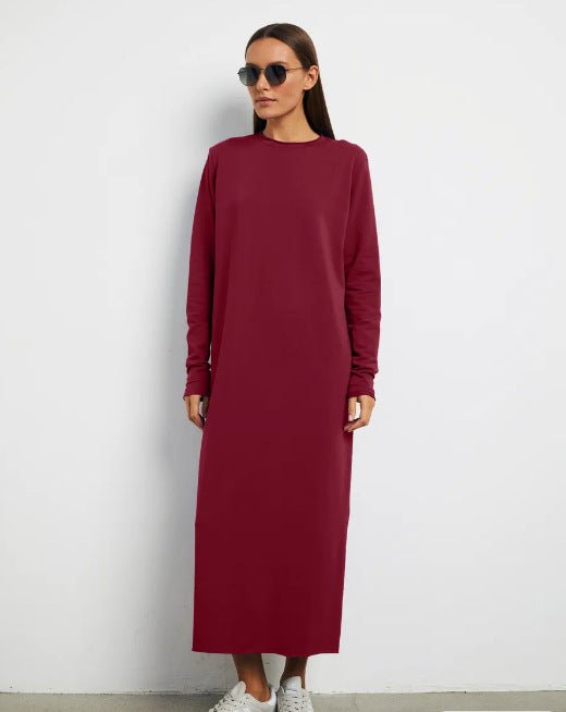 Classic Cotton Pullover Maxi Dress | Round Neck Long Sleeve Solid Color Dress(MA317) - Mariam's Collection