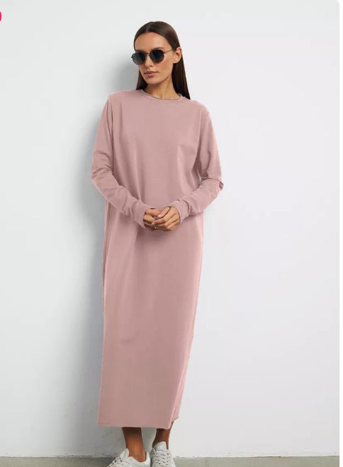 Classic Cotton Pullover Maxi Dress | Round Neck Long Sleeve Solid Color Dress(MA317) - Mariam's Collection