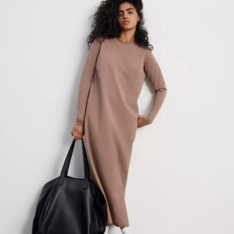 Classic Cotton Pullover Maxi Dress | Round Neck Long Sleeve Solid Color Dress(MA317) - Mariam's Collection