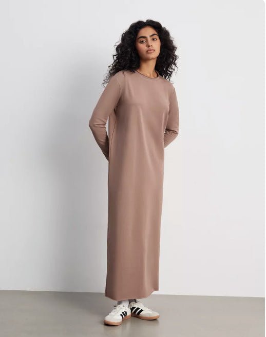 Classic Cotton Pullover Maxi Dress | Round Neck Long Sleeve Solid Color Dress(MA317) - Mariam's Collection