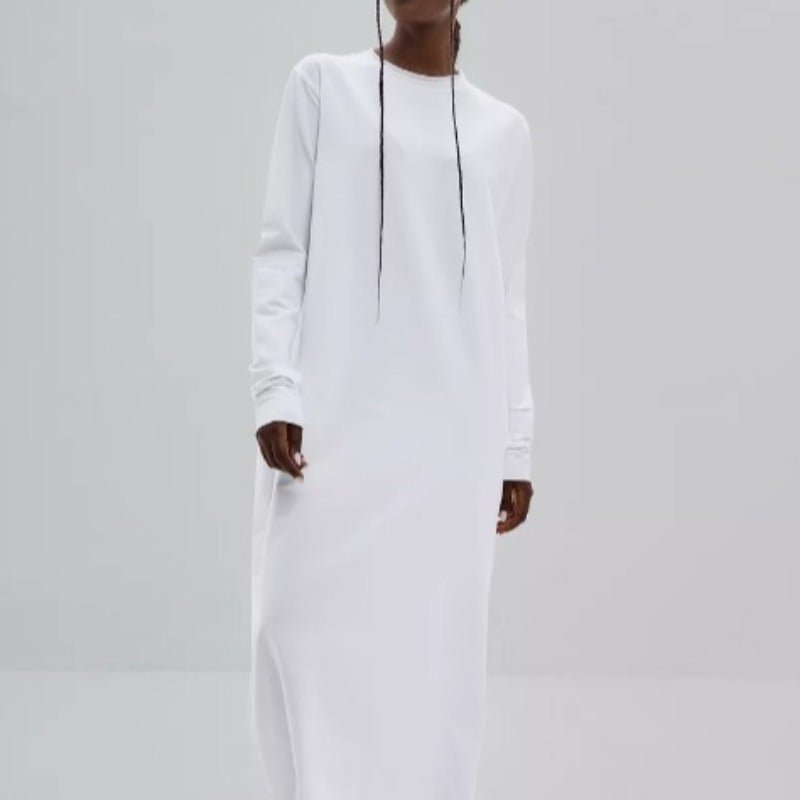 Classic Cotton Pullover Maxi Dress | Round Neck Long Sleeve Solid Color Dress(MA317) - Mariam's Collection