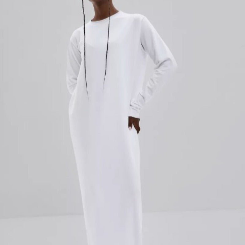 Classic Cotton Pullover Maxi Dress | Round Neck Long Sleeve Solid Color Dress(MA317) - Mariam's Collection