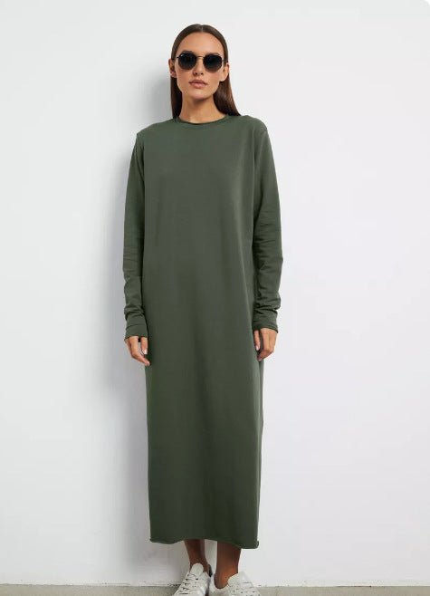 Classic Cotton Pullover Maxi Dress | Round Neck Long Sleeve Solid Color Dress(MA317) - Mariam's Collection