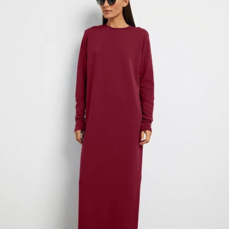Classic Cotton Pullover Maxi Dress | Round Neck Long Sleeve Solid Color Dress(MA317) - Mariam's Collection