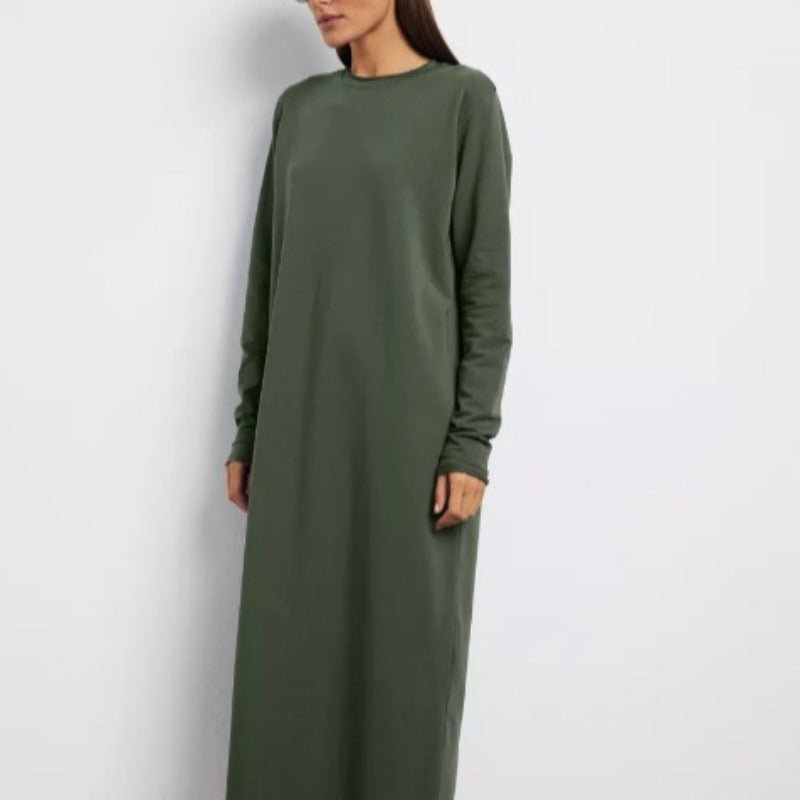 Classic Cotton Pullover Maxi Dress | Round Neck Long Sleeve Solid Color Dress(MA317) - Mariam's Collection