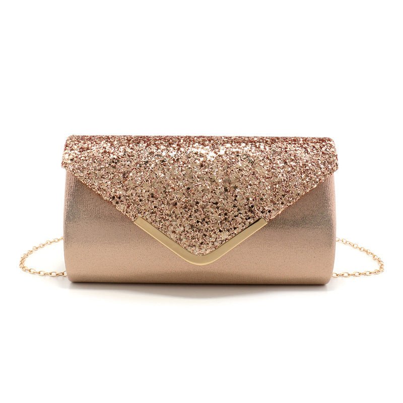 Detachable metal chain strap on glitter evening clutch bag