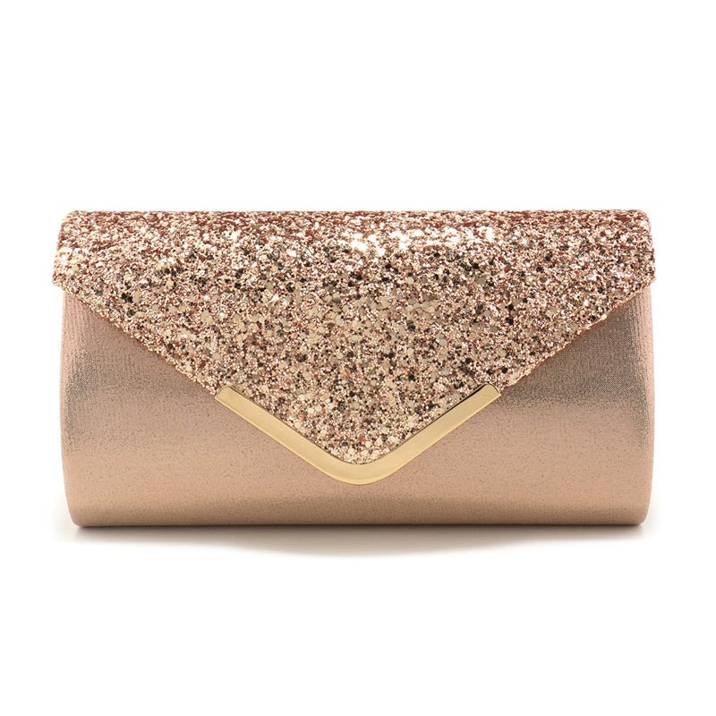 Sparkle clutch bag shown with everyday essentials inside