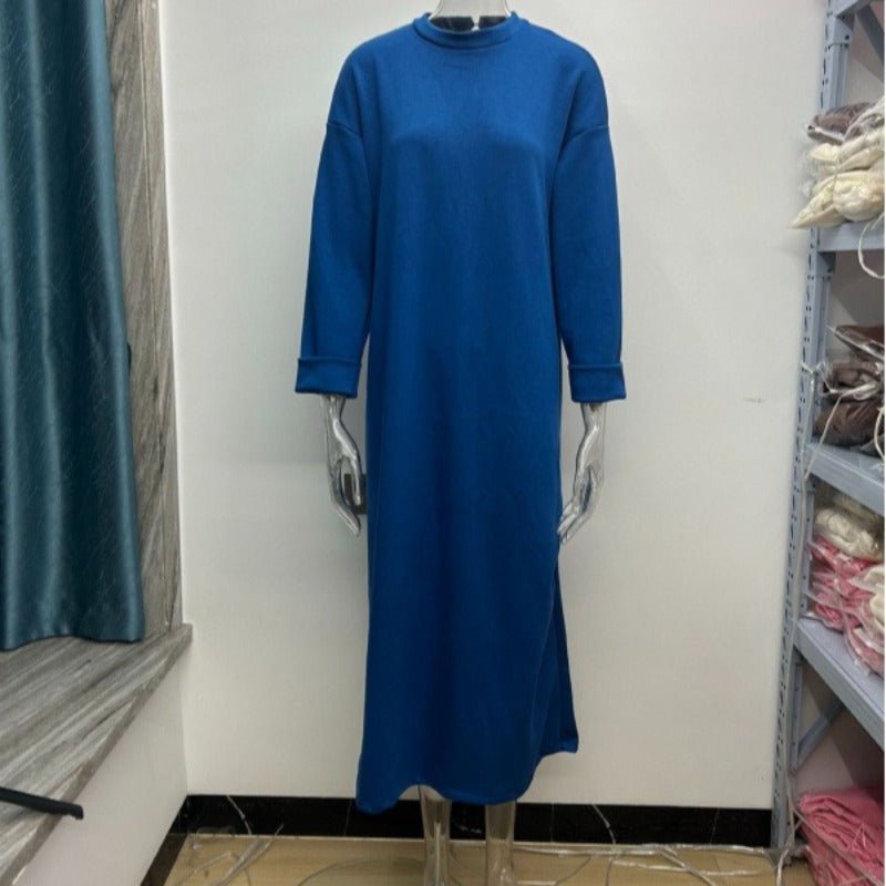 Classic Round Neck Pullover Maxi Dress | Minimalist Solid Color Fall Winter Dress(MA318) - Mariam's Collection