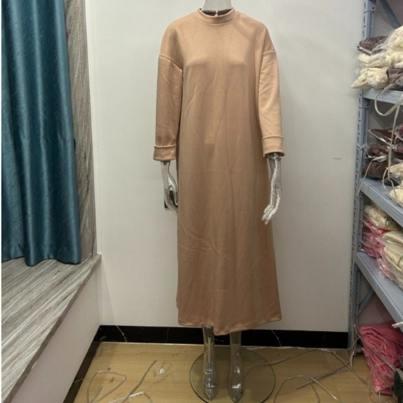 Classic Round Neck Pullover Maxi Dress | Minimalist Solid Color Fall Winter Dress(MA318) - Mariam's Collection