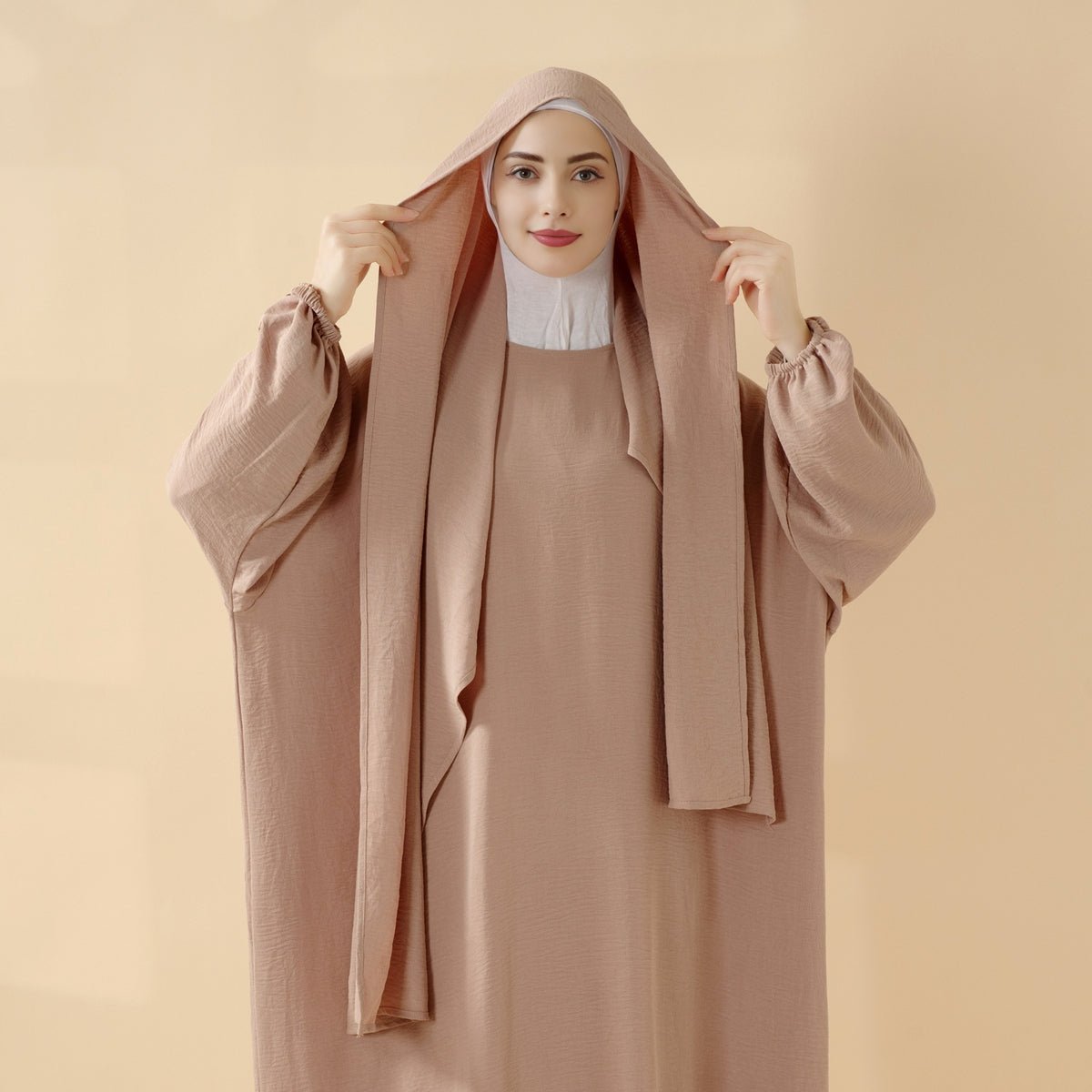 Cocoon - Cut Crepe Abaya Perfect For Umrah With One - Piece Hijab Attached (MA143) - Mariam's Collection