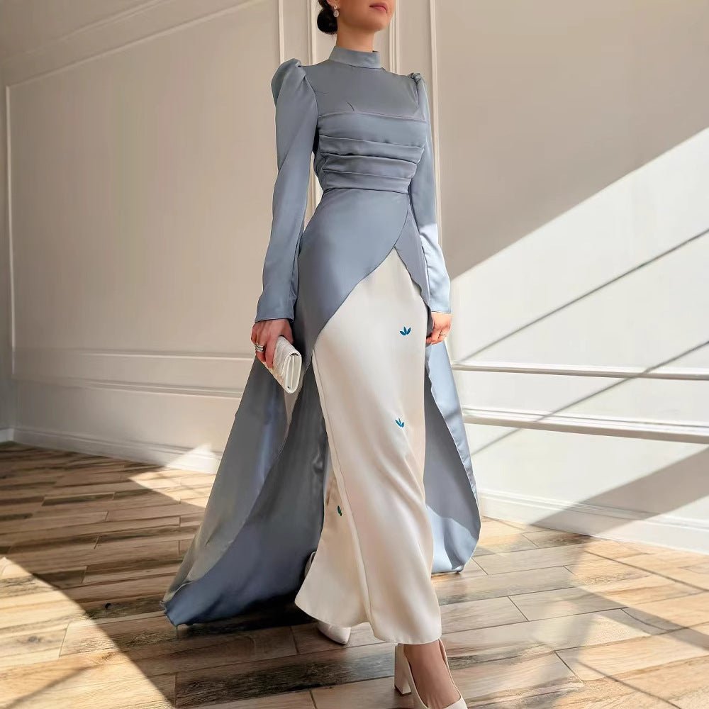 Colorblock Satin Evening Gown with Train(MA351) - Mariam's Collection