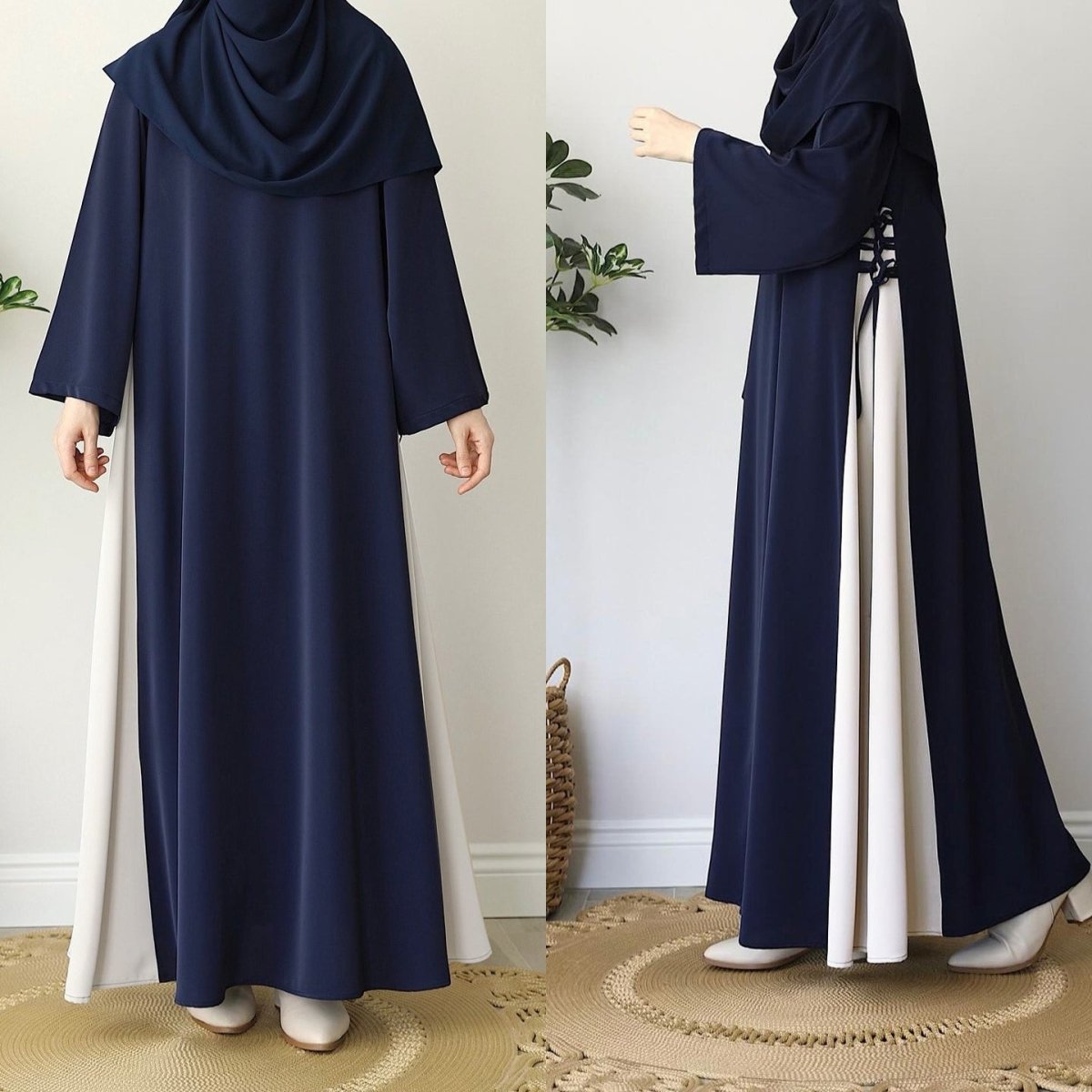 Colorblock Side - Tie Abaya | Two - Tone Round Neck Maxi Dress(MA362) - Mariam's Collection